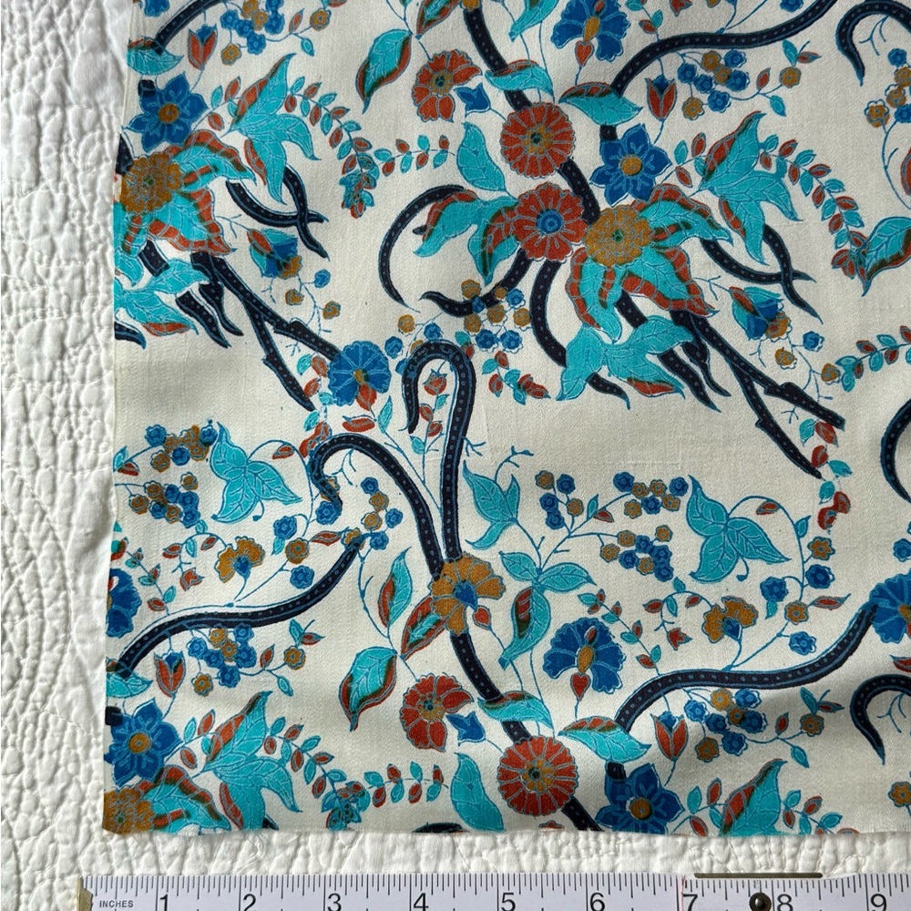 Floral Silk Patterned Fabric in Blue and Tan. Size 75 x 92 inches.